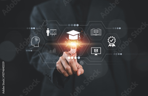 online education technology concept, E-learning education, internet lessons and online webinar, AI-enhanced learning with personalized courses. photo