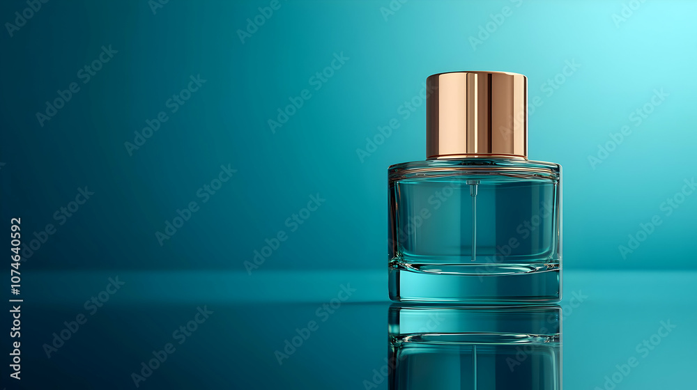 Glass Bottle With Golden Cap on Teal Background - 3D Illustration Glass Bottle With Golden Cap on Teal Background - 3D Illustration