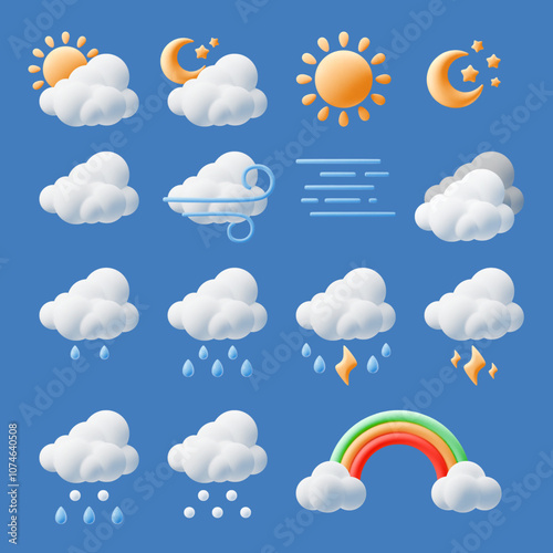 Cartoon 3d weather elements. Isolated forecast icons with rain, lightning thunderstorm, sun and clouds, rainbow and moon, cute render style isolated elements, plasticine objects, vector set