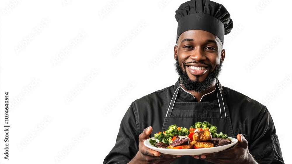 A smiling Black chef proudly presents a plate of beautifully cooked food, a testament to his culinary skills. A smiling Black chef proudly presents a plate of beautifully cooked food, a testament to his culinary skills.