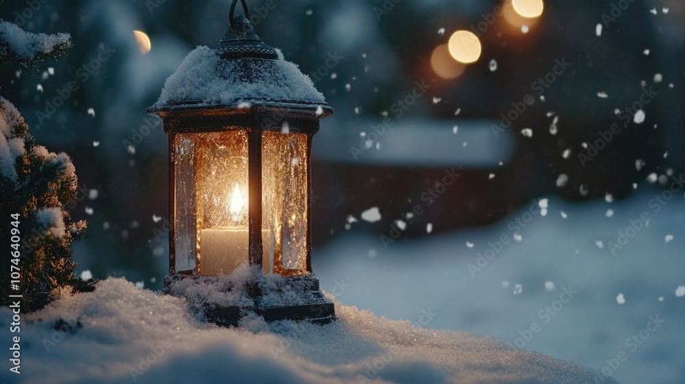 Snowy landscape with lit candle
