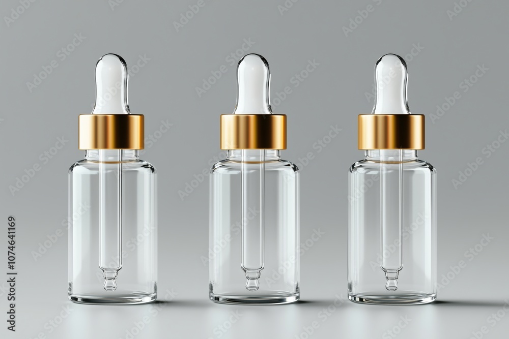 Glass dropper bottles with gold caps, three arranged in a row Glass dropper bottles with gold caps, three arranged in a row