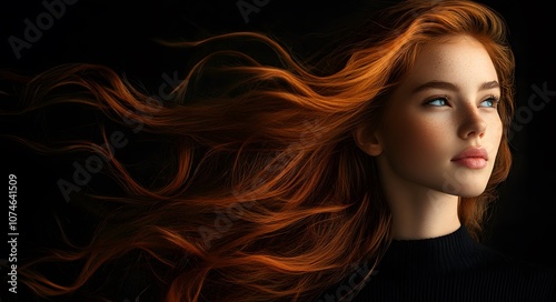 Young girl with flowing wavy red hair is caught in motion, creating a dynamic effect on a black background.