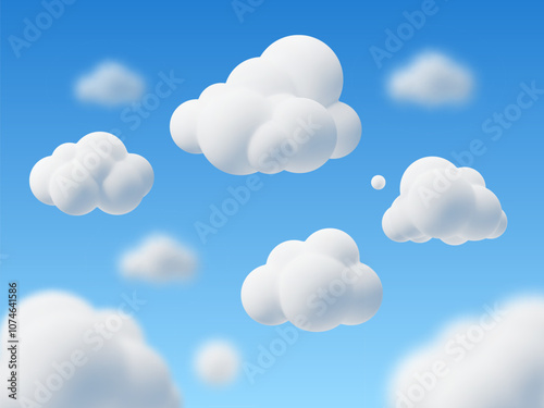 Cartoon 3d clouds on sky background. Cloudy weather, cute render rounded shapes, white fluffy summer season elements in kids clay style, backdrop design, banner or poster vector concept