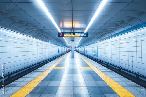 Empty subway station with sleek, shiny surfaces and clean lines photo