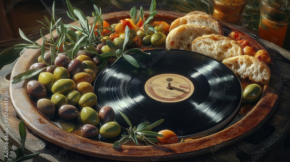 A creative platter featuring a vinyl record surrounded by olives, bread, and fresh tomatoes, evoking a rustic dining experience. A creative platter featuring a vinyl record surrounded by olives, bread, and fresh tomatoes, evoking a rustic dining experience.