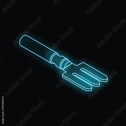 Blue neon small gardening fork isometric view on black background