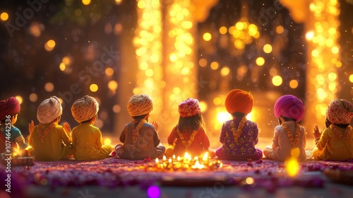 An empty scene featuring blank mockup template with a family gathering setup, with childrenâ€™s turban-tying demonstration and a frame of Guru Nanak Ji, 