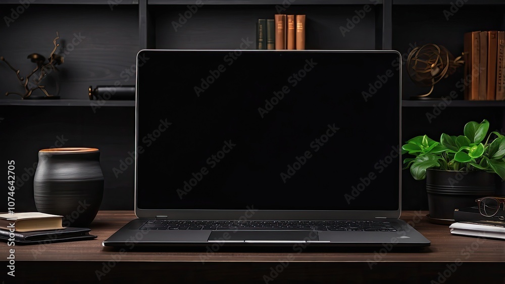 Background banner of a laptop computer on a black shelf- Background banner of a laptop computer on a black shelf-