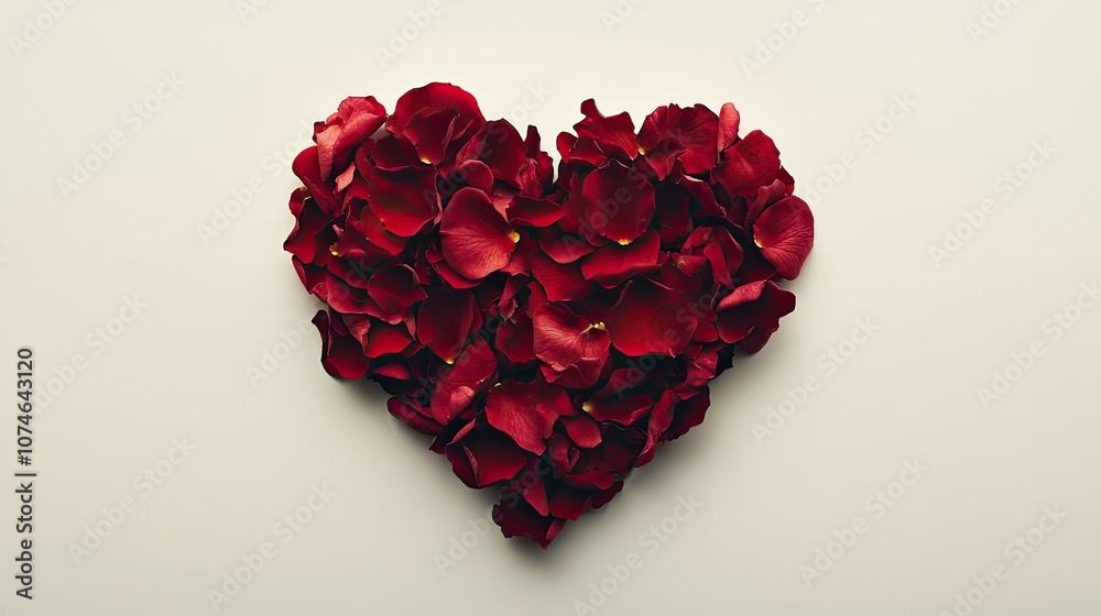 Heart-shaped arrangement of red rose petals on light background