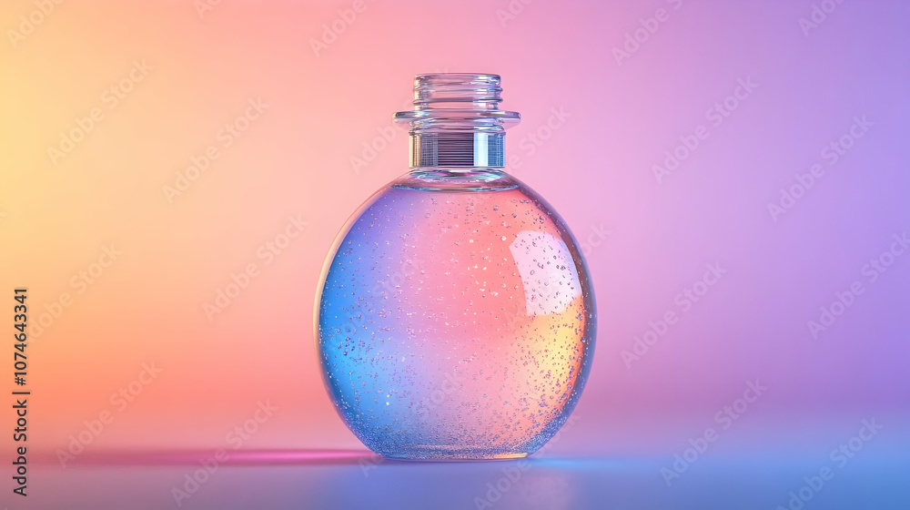 Glass Bottle with Liquid and Bubbles on a Gradient Background - 3d Illustration Glass Bottle with Liquid and Bubbles on a Gradient Background - 3d Illustration