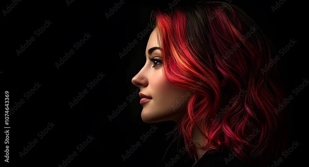 Fototapeta premium A side-profile portrait of a young woman with striking, multi-toned hair. Her hair transitions from deep red at the roots to a vibrant pink at the tips, creating a dynamic and bold effect.