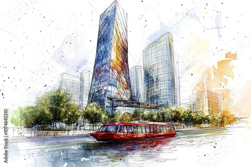 Dubai, City in the United Arab Emirates (UAE). Watercolor splash in Hand drawn sketch illustration in vector.
