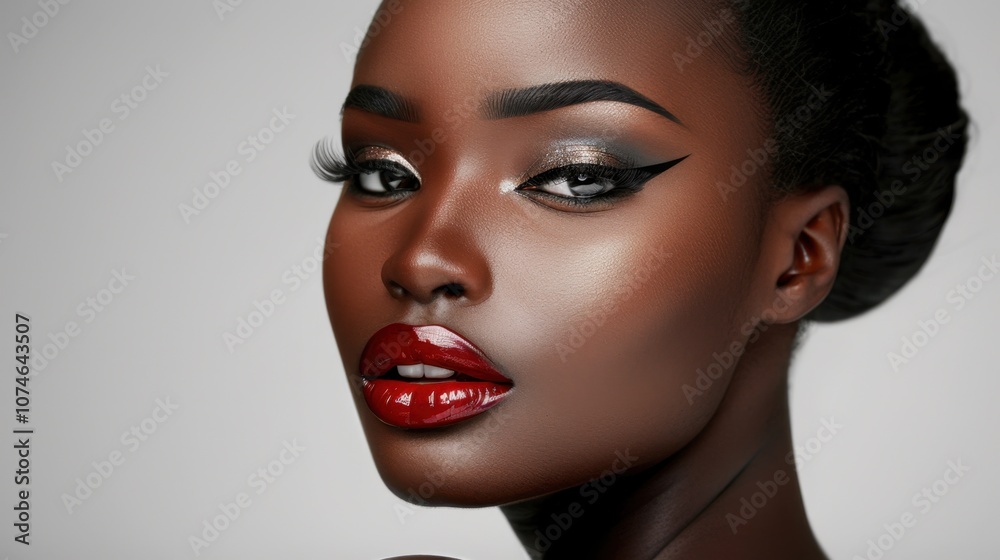 Fototapeta premium Makeup Trends: Examines how modern makeup techniques, such as contouring and bold lips, affect beauty standards and allow individuals to express themselves confidently. 