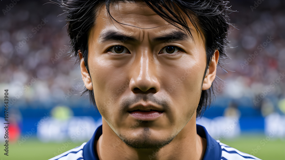Portrait of a young asian soccer player on grey background. Portrait of a young asian soccer player on grey background.