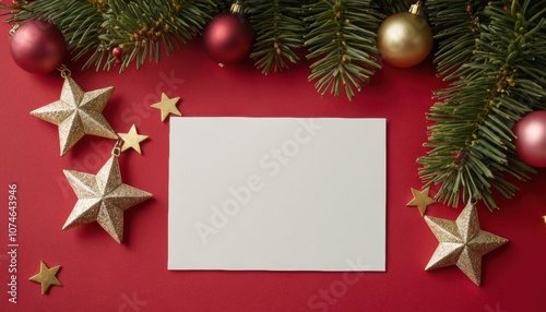 Festive Christmas decorations featuring stars, ornaments, and a blank card on a vibrant red background with evergreen branches.