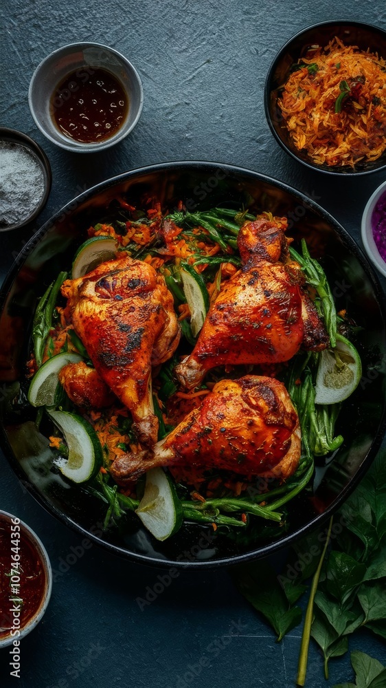 Top view of delicious tandoori chicken, perfectly grilled with vibrant spices, served on a plate with fresh garnishes, creating a mouthwatering and appetizing presentation.