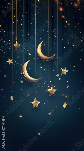 Golden crescent moons and stars hang from strings against a navy blue background dotted with sparkling lights