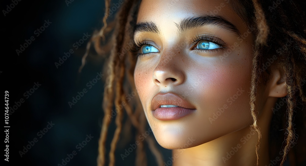 A young woman with striking, light blue eyes that seem to capture the light, giving them a mesmerizing, almost ethereal quality.
