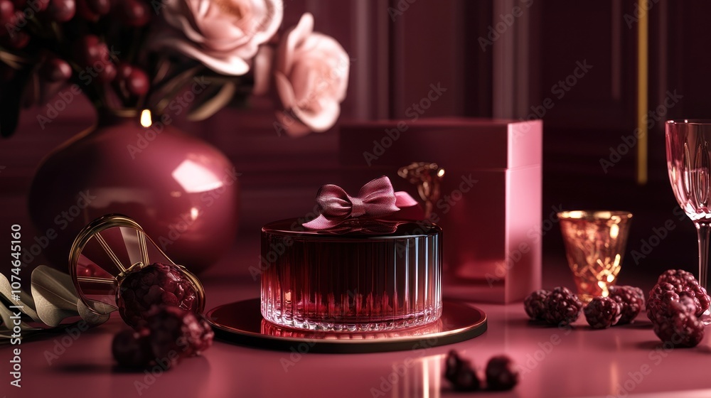 Elegant crystal container with decorations and flowers Elegant crystal container with decorations and flowers