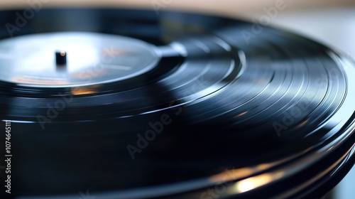 Close-up of a black vinyl record spinning on a turntable, capturing a nostalgic and warm ambiance.