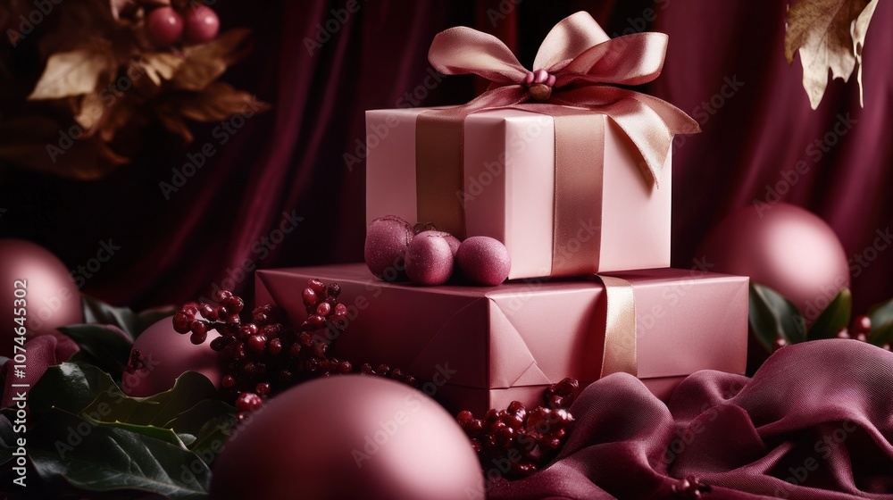 Stacked pink gifts with elegant ribbon decorations