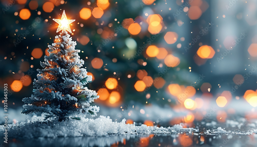 Naklejka premium Serene Christmas Tree with Star and Bokeh Lights in a Winter Wonderland