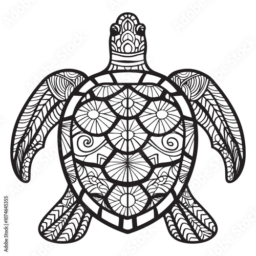 Turtle Mandala Pattern - Monochrome Vector and Coloring Book Design