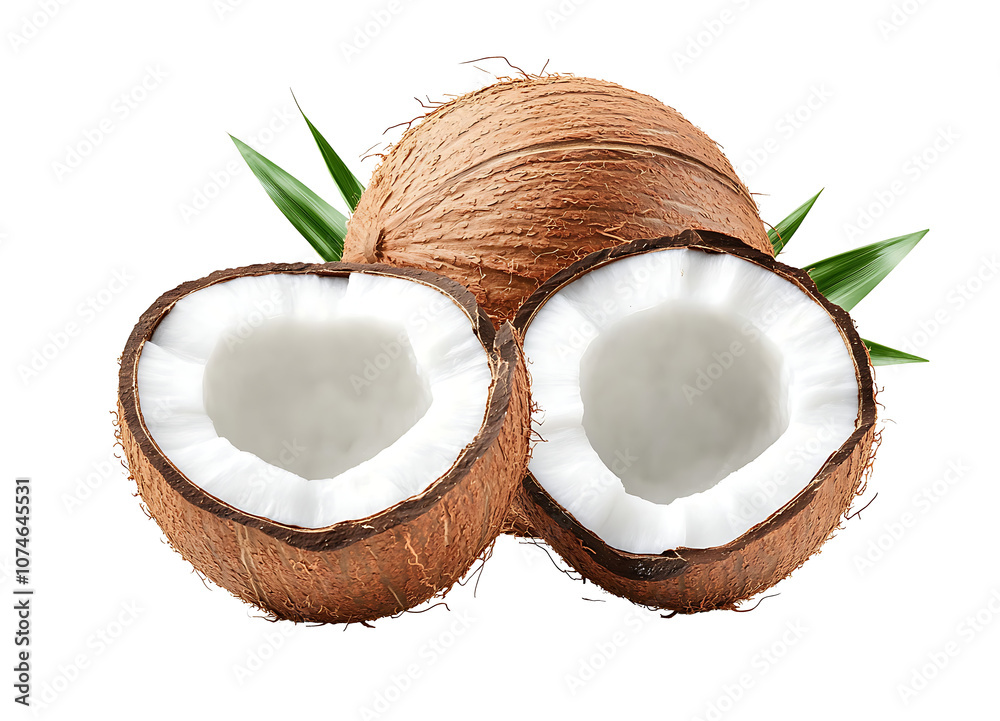 Beautiful Delicious full and half coconuts cut out with isolated on white transparent background [PNG]. 