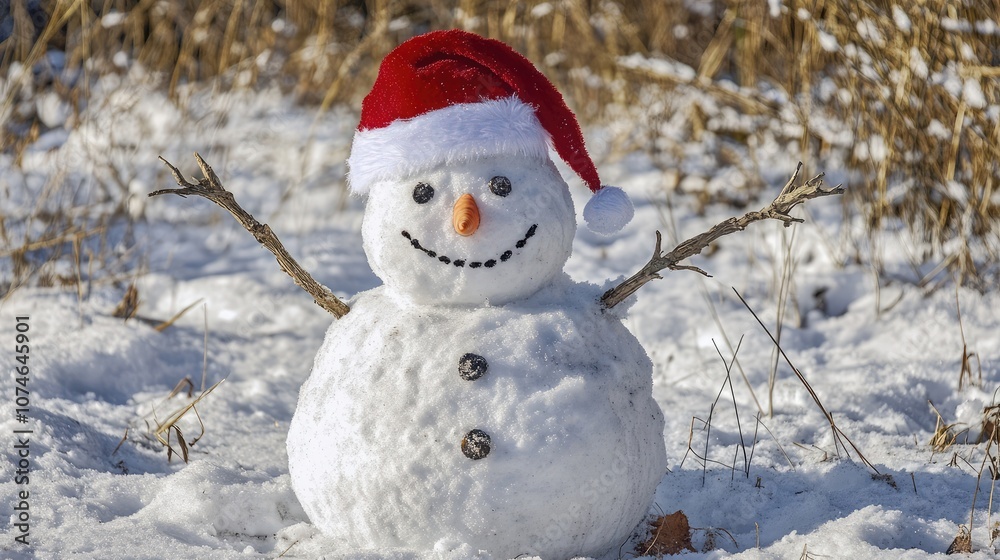A cheerful snowman with a red Santa hat and twig arms stands proudly in a snowy field. A cheerful snowman with a red Santa hat and twig arms stands proudly in a snowy field.