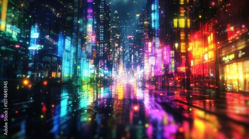 A vibrant, neon-lit cityscape reflecting in rain-soaked streets at night, creating a colorful urban atmosphere.