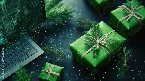 Set of green gifts with pine adornments by a screen. photo