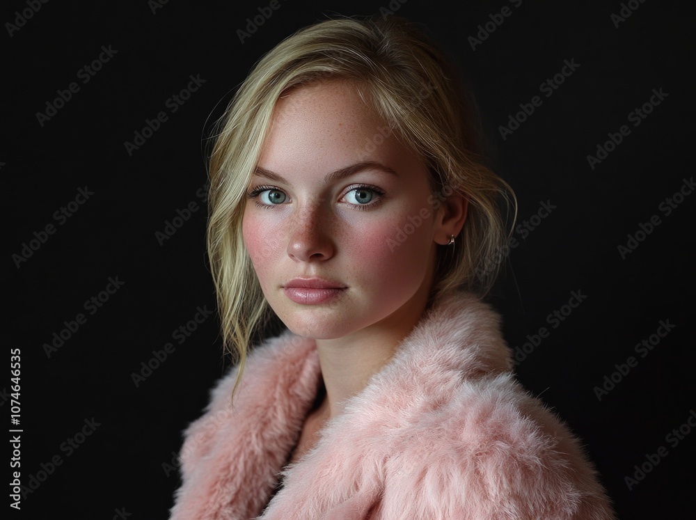 A blonde woman in a pink fur coat against a black background. A blonde woman in a pink fur coat against a black background.