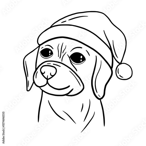 Santa Dog. Black and white hand drawn portrait. Cute dog face in line. Dog head with santa hat. Outlline. christmas card.