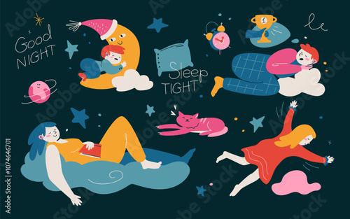 Good night sleep tight - modern colored vector illustration set