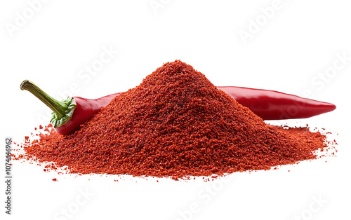 
Pile of Red Chili Powder Next to a Chili Pepper. The pepper appears fresh and spicy, contrasting with the powdery texture of the chili powder with White or Clear Surface PNG Transparent Background.