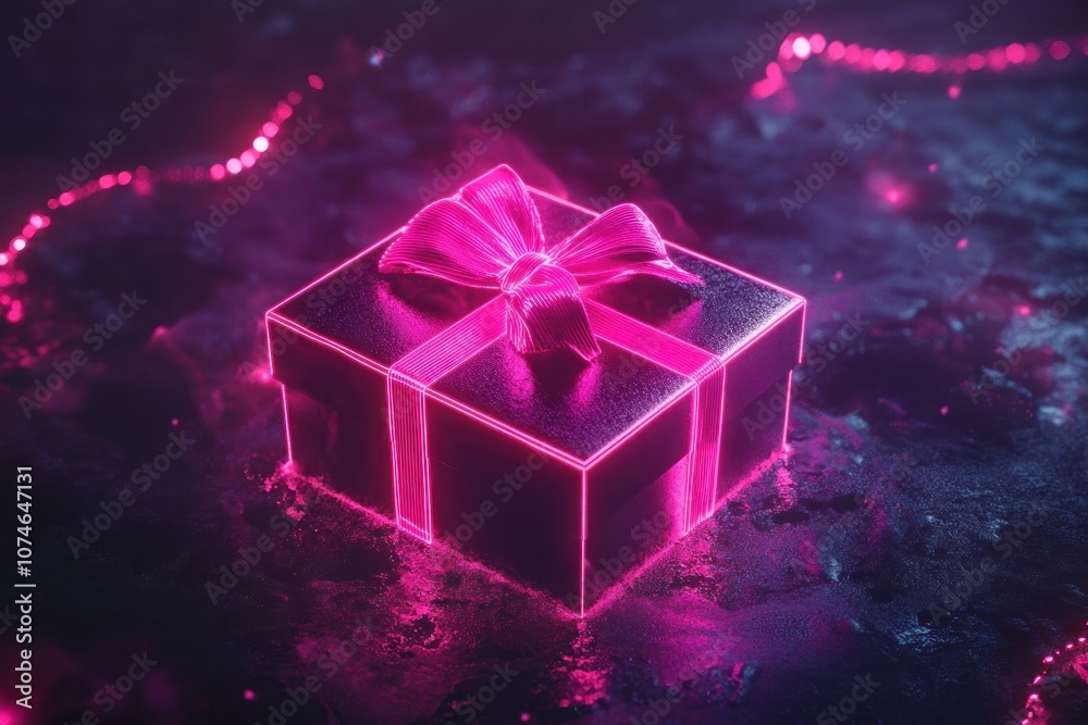 Charming neon-lit gift box on a digital landscape Charming neon-lit gift box on a digital landscape
