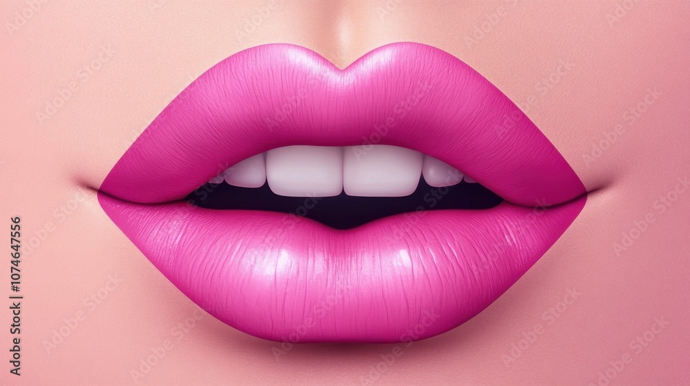 Fototapeta premium Glossy pink lips with a vibrant hue and subtle shine, showcasing a perfect smile and smooth texture.