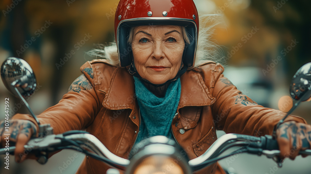Senior woman with tattoos and a red helmet is riding her red motorcycle in the city Senior woman with tattoos and a red helmet is riding her red motorcycle in the city