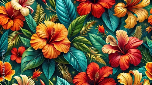 Wallpaper Mural A vibrant and intricate tropical floral pattern featuring blooming hibiscus flowers, lush leaves, and delicate stems in rich hues of red, orange, yellow, and green. Torontodigital.ca