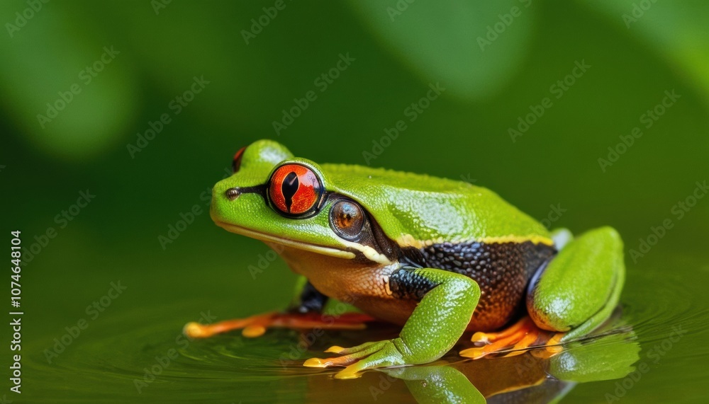 Red-eyed tree frog resting calmly on the water surface in a lush, tropical habitat. Red-eyed tree frog resting calmly on the water surface in a lush, tropical habitat.