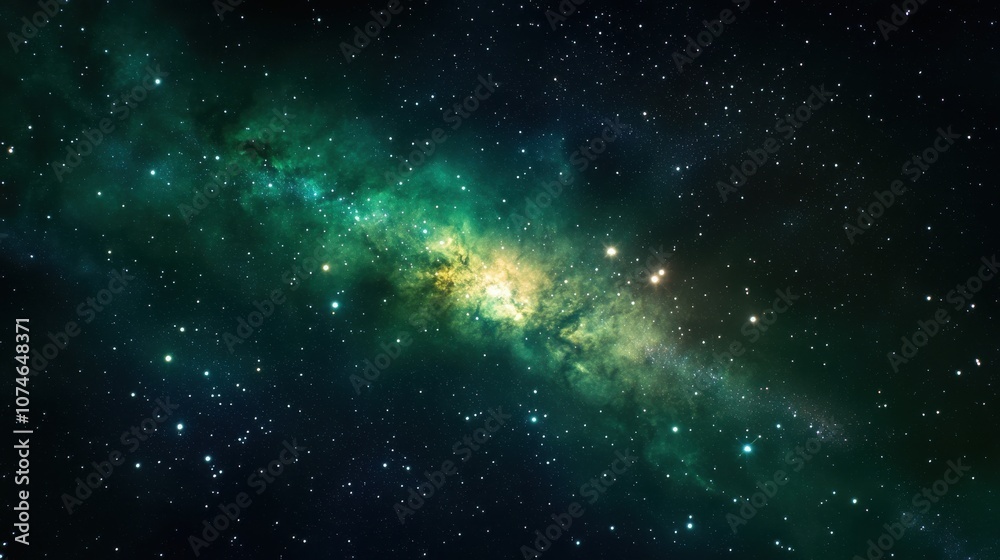 A breathtaking view of a vibrant galaxy filled with stars and cosmic clouds, showcasing green and yellow hues in deep space. A breathtaking view of a vibrant galaxy filled with stars and cosmic clouds, showcasing green and yellow hues in deep space.