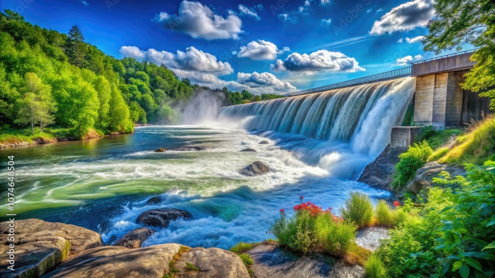 Fototapeta premium Experience nature's might with stunning views of a dam's flooding, showcasing hydropower's influence and inspiring awareness for conservation efforts in our beautiful environment.