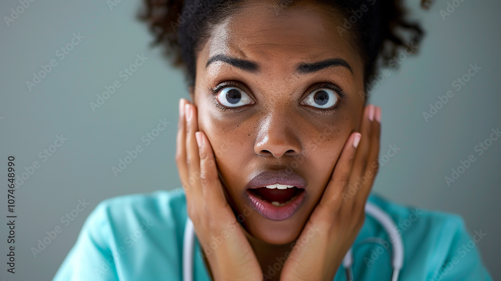 Shocked woman with hands on her cheeks, expressing surprise. Wide-eyed look and open mouth convey strong emotions, while her medical attire adds context Shocked woman with hands on her cheeks, expressing surprise. Wide-eyed look and open mouth convey strong emotions, while her medical attire adds context