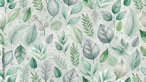 Watercolor Botanical Illustration of Various Green and Grey Leaves on a Light Background, Featuring a Delicate Watercolour Texture