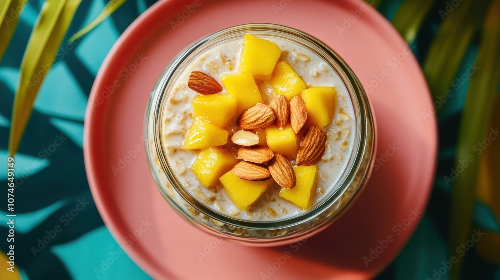 jar of overnight oats topped with fresh diced mango, almond slices, bright yellow mango contrasts with the creamy oats and crunchy almonds, jar is placed tropical palm leaf background jar of overnight oats topped with fresh diced mango, almond slices, bright yellow mango contrasts with the creamy oats and crunchy almonds, jar is placed tropical palm leaf background
