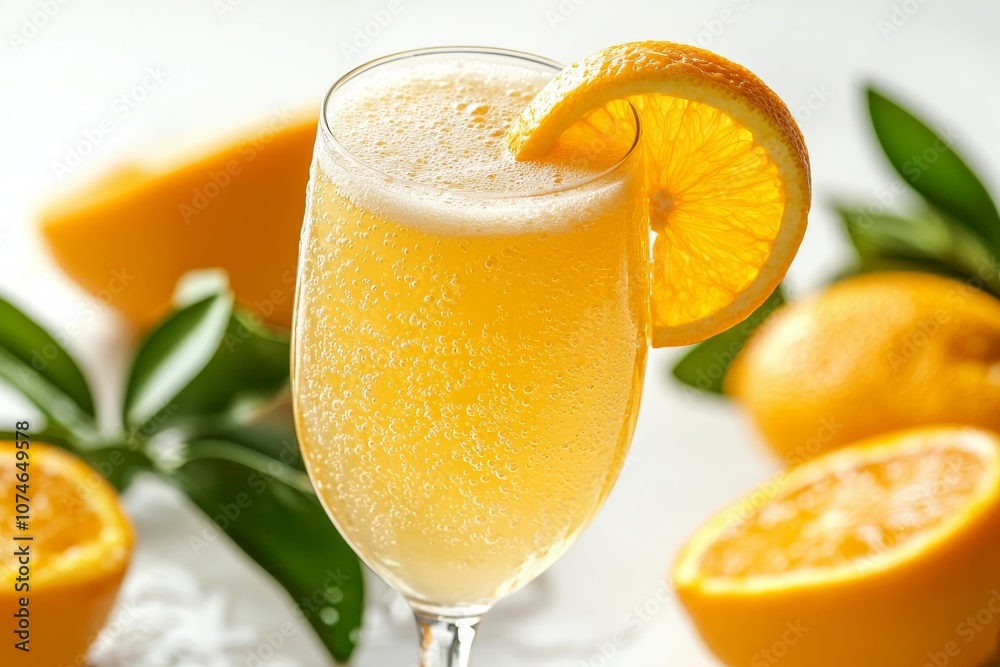 A refreshing sparkling beverage garnished with an orange slice, surrounded by fresh oranges, perfect for a sunny day. A refreshing sparkling beverage garnished with an orange slice, surrounded by fresh oranges, perfect for a sunny day.