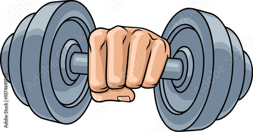 A cartoon fist hand holding weight lifting dumbbell gym illustration.