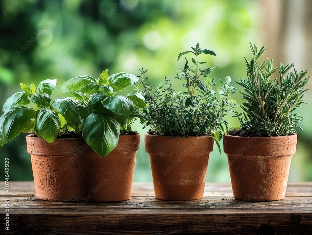 Fototapeta premium Herb Garden with Potted Plants on Rustic Wooden Table in Outdoor Setting