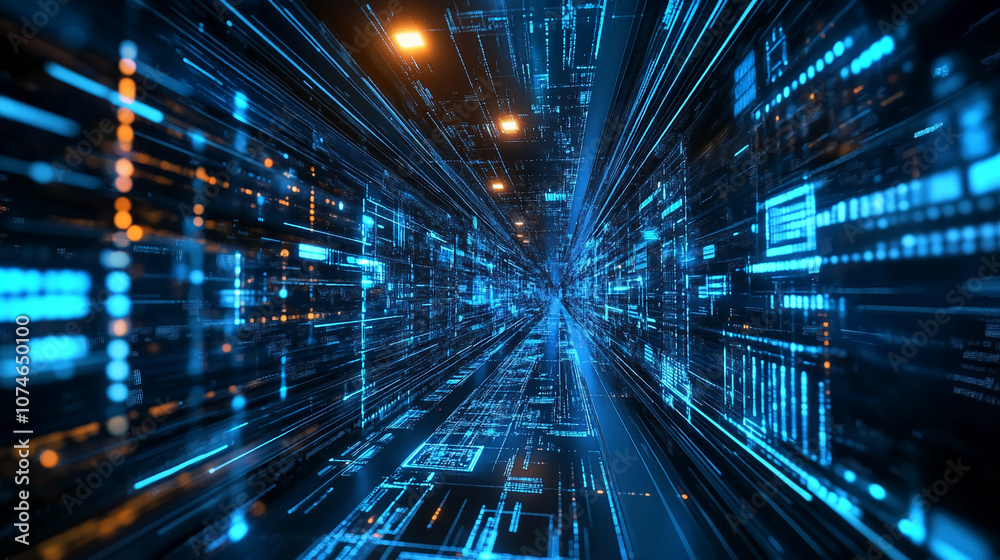 A digital corridor lined with glowing blue lines and data streams. The perspective creates a sense of speed and movement, representing the rapid pace of technological advancement A digital corridor lined with glowing blue lines and data streams. The perspective creates a sense of speed and movement, representing the rapid pace of technological advancement